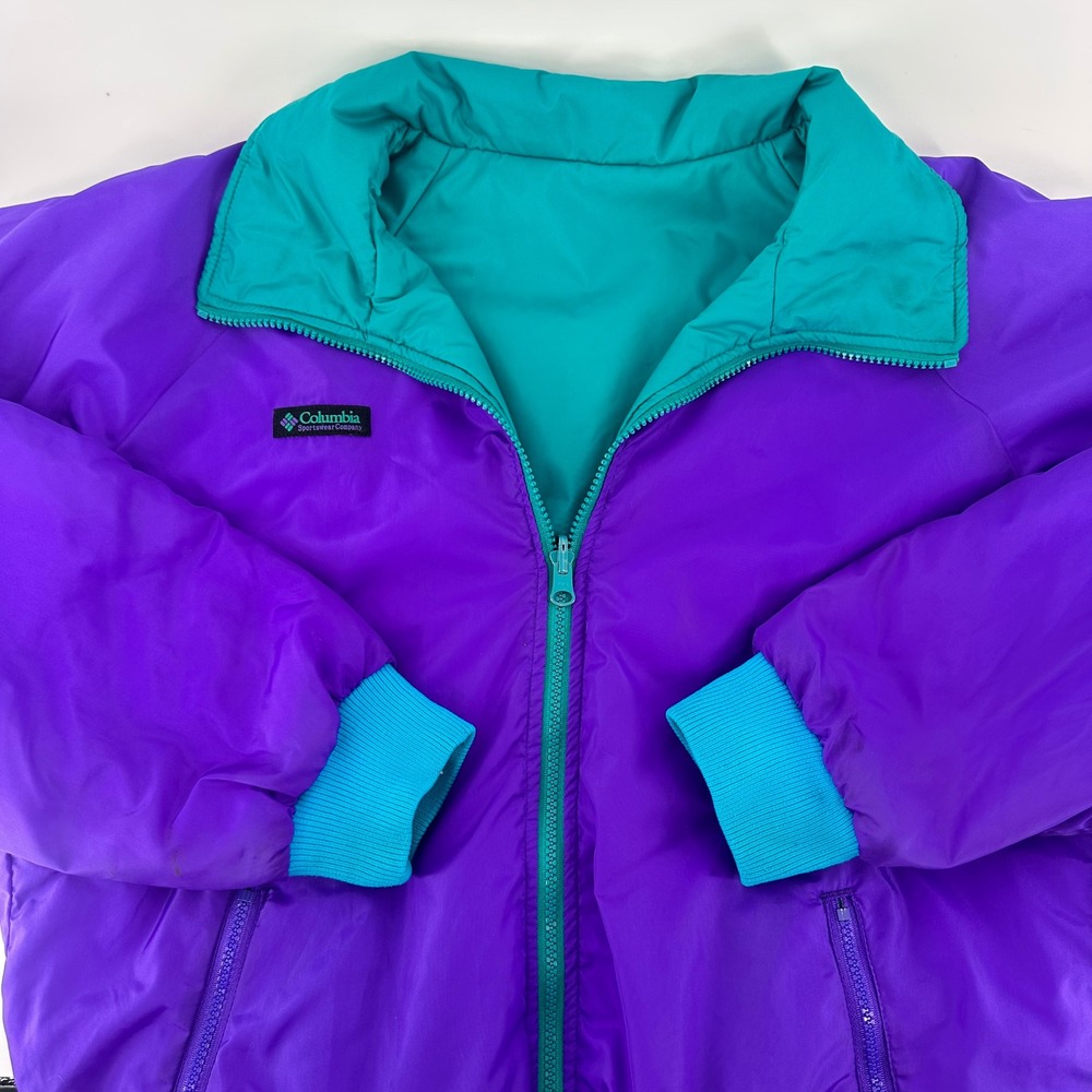 Vintage Columbia Reversible Puffer Jacket Purple Teal Nylon Size M SM 5560